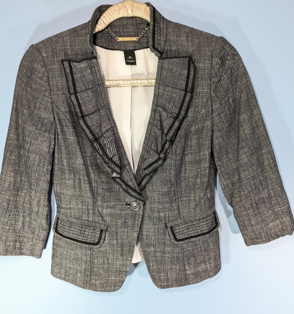 WHBM Navy Linen Blend Ruffled Blazer
